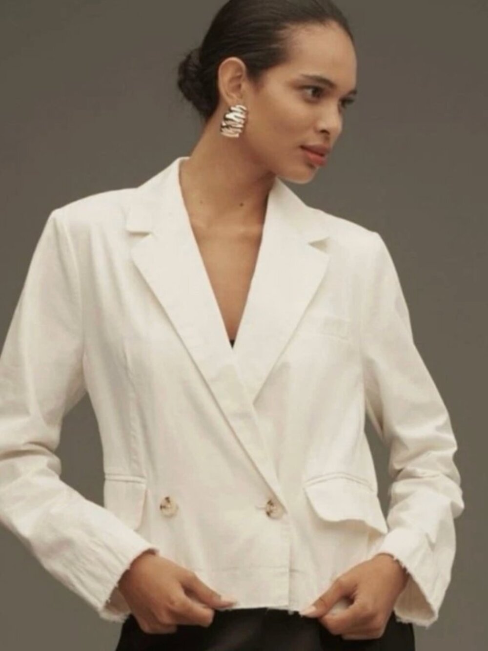Pilcro Anthropologie Linen Crop Blazer Fray Hem Cream XXS